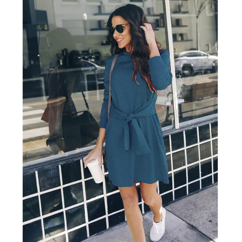 

Women's Dress Autumn 2020 Fashion New Elegant Loose Long Sleeve O Neck Sash Vestidos Casual Loose Streetwear Leisure Mini Dress