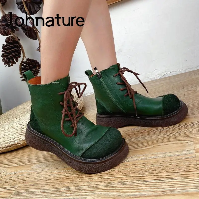 

Женские ботинки на платформе Johnature, из натуральной кожи, с круглым носком, на плоской подошве, ручная работа, на молнии, Осень-зима 2021