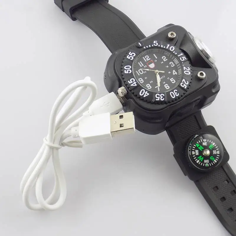 3 in1 Super Bright LED Watch Flashlight Waterproof Torch lights Compass Outdoor Sports Rechargeable Mens Wrist Watch images - 4