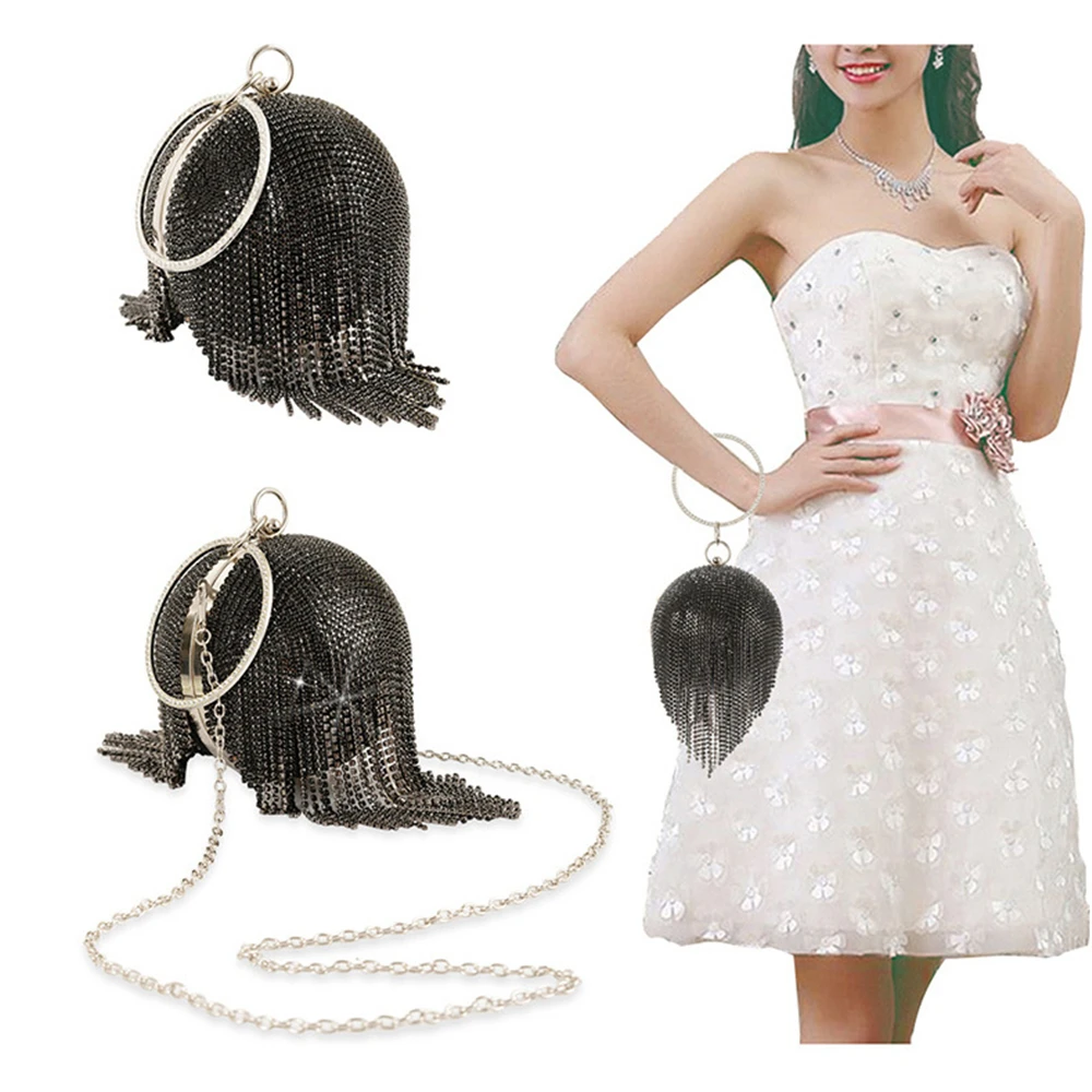 

INS Style Ball Shaped Cosmetic Bag Black Bling Diamond Fashion Ladies Jewelry Wrist Bag Shoulder Bags