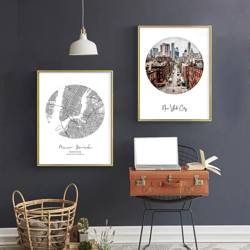 Холщовый постер с изображением пейзажа Нью-Йорка черно-белая карта в