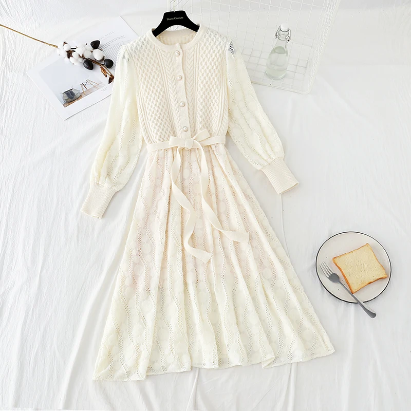 

Lace Splicing Buttons Women Spring Autumn Sweater Knitted a line Dresses Single-breasted Slim Elastic Long Sleeve Lady Dresses