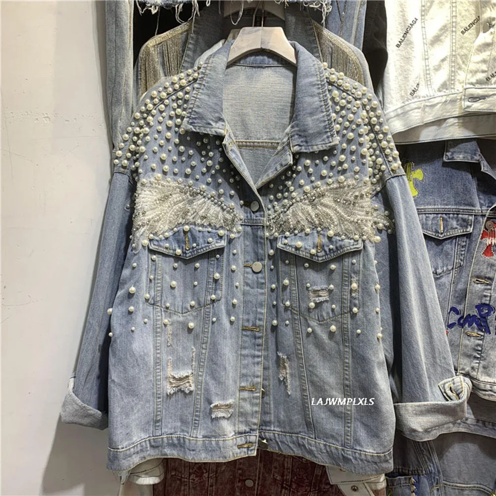 

Spring Autumn Pearl High Quality Denim coat Beads Rhinestone Butterfly embroidery Women Outwear Streetwear loose Female Jacket