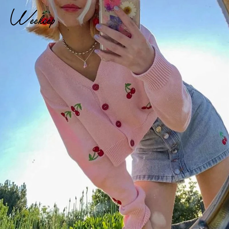 

Weekeep Cute Cherry Embroidery Knitted Cropped Cardigan Autumn Jacket Women Warm Sweater Coat Knitwear Button Outerwear Harajuku