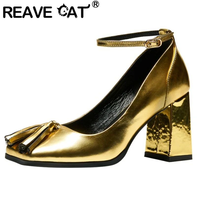 

REAVE CAT Ins Woman's Pumps Square Toe Block Heels Full Grain Leather Buckle Strap Tassel Size 34-42 Silver Spring Elegant S2992