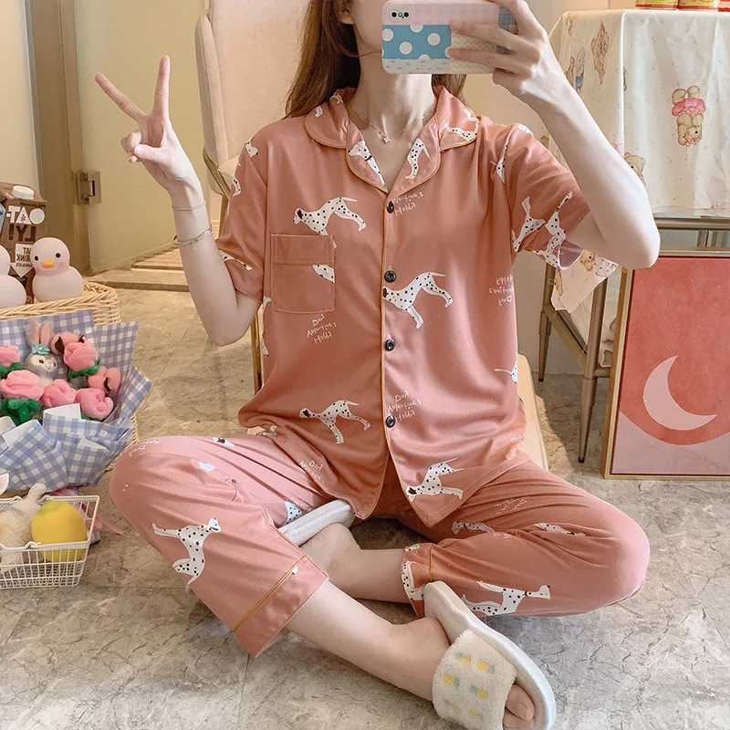 Pajamas women's summer new cartoon leisure short sleeve pants thin Korean version lovely loose large size home suit sleepwear