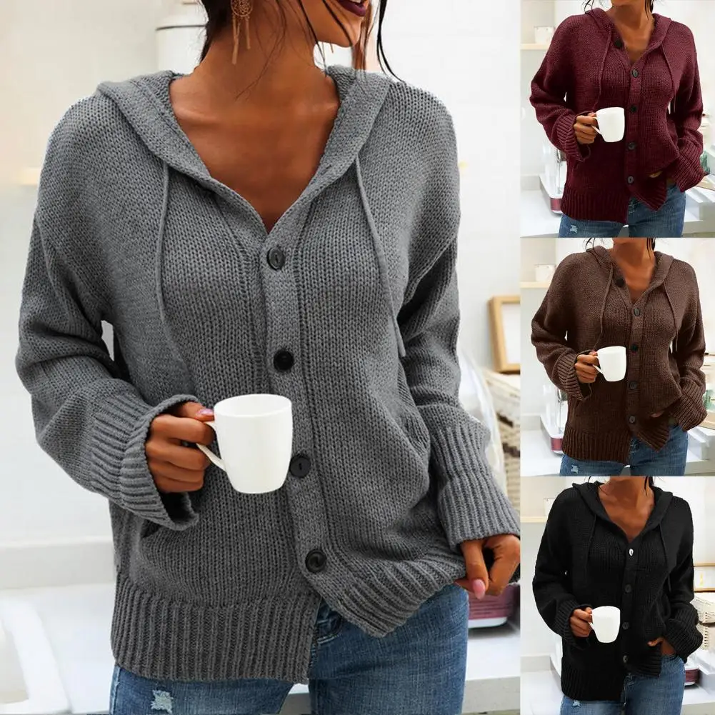 

Women Cardigans 2021 Autumn Winter Casual Long Sleeve Drawstring Knitwear Female Single Breasted Loose Hooded Coat for Office