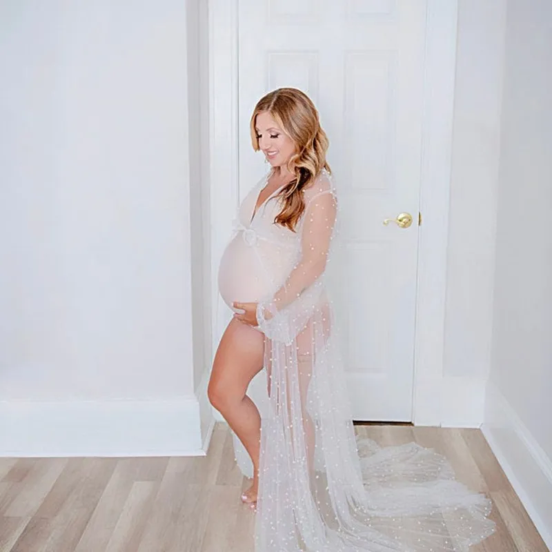 Длинное платье-кимоно для беременных Тюлевое платье с жемчужинами 2020 |