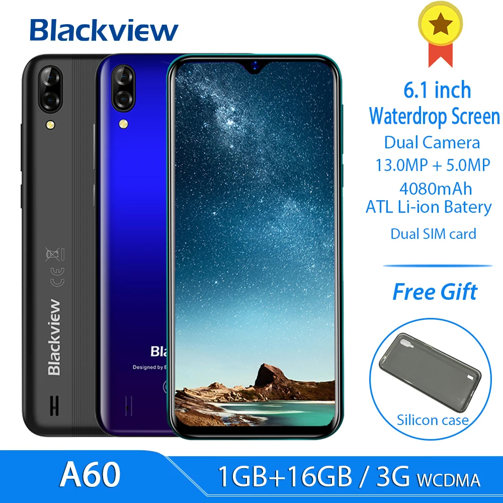 Blackview A60 6," экран капли воды 4080 мАч Смартфон Android 8,1 13MP задняя камера Сотовый телефон MT6580 четырехъядерный мобильный телефон