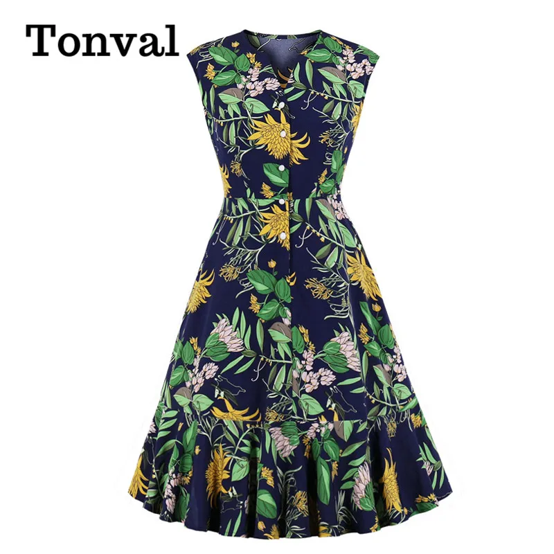

Женское однобортное платье Tonval, летнее винтажное платье без рукавов с цветочным принтом, оборками и V-образным вырезом