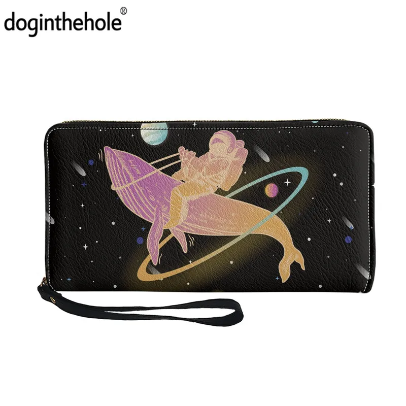 

Doginthehole Astronaut Women Casual Leather Wallet Galaxy Black Wristlets Clutch Purse Whale Ladies Cool Card Holder Cash Pocket