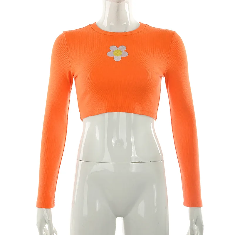 Женский укороченный Топ с длинным рукавом и круглым вырезом|Футболки| |