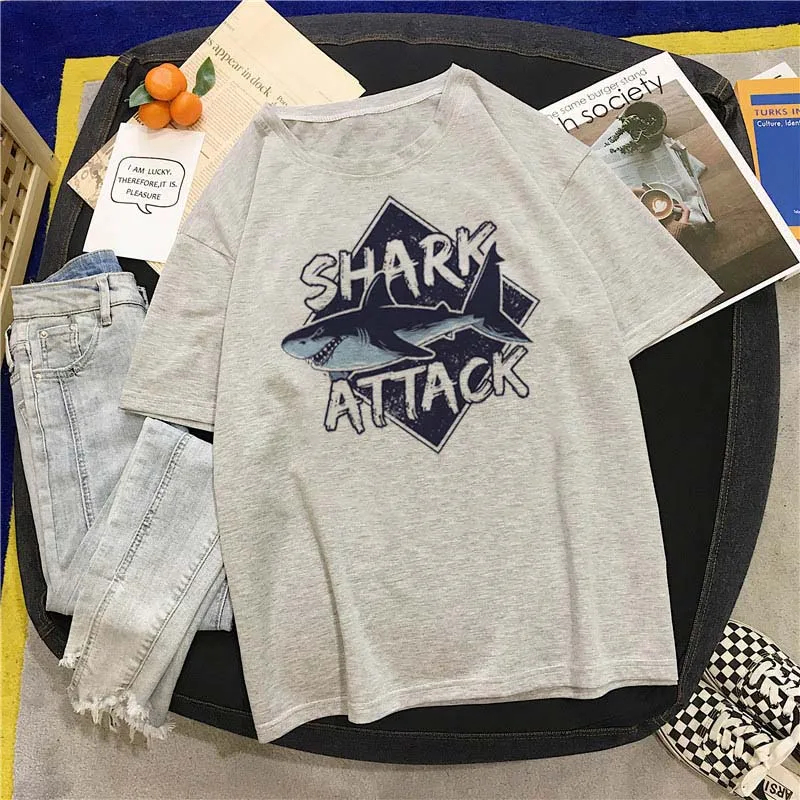 Футболка женская длинная с принтом Shark Attack пикантная Пляжная футболка