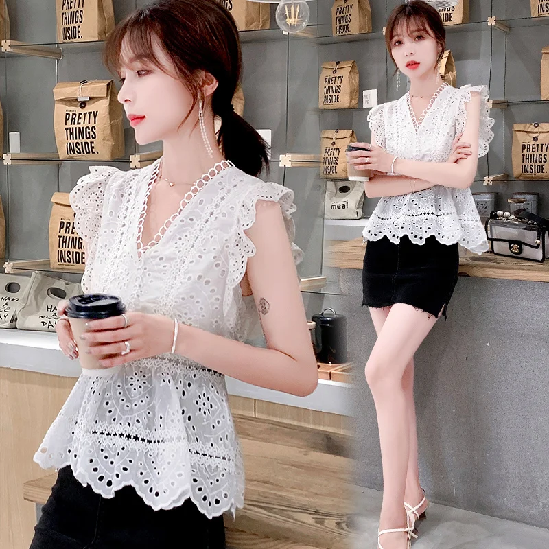 Женские топы с вырезами без рукавов Белая Кружевная блуза v-образным вырезом dames