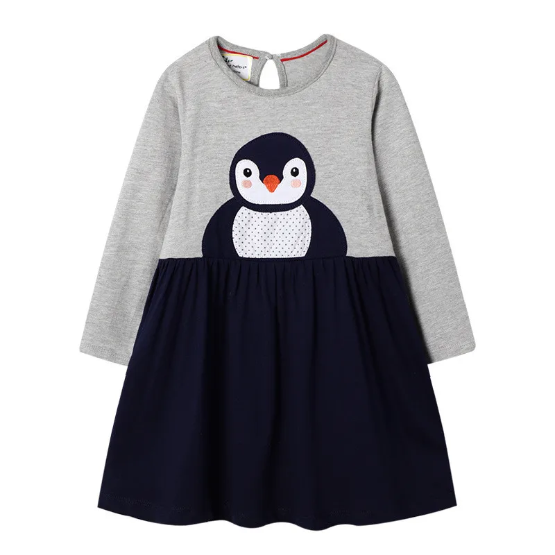 W7177 grey penguin Для детей, длинный рукав, аппликация платья для девочек платье принцессы с цветочным рисунком хлопковое Модная одежда для детей, Детская мода Демисезонная одежда Детские платья для девочек - Цвет: W7177 grey penguin