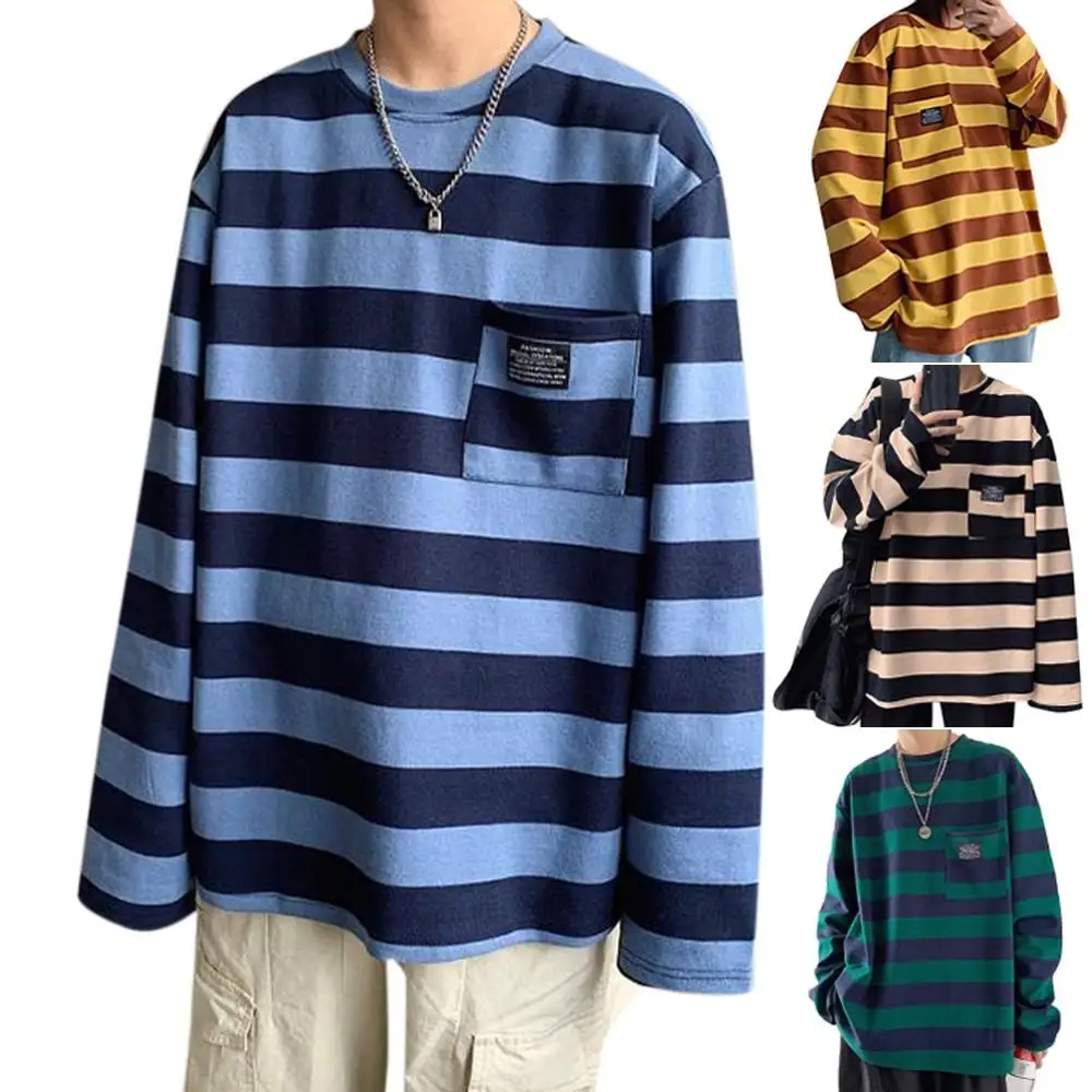 

Unisex Women Men Striped Tops Casual Crew Neck Long Sleeve Loose T Shirts