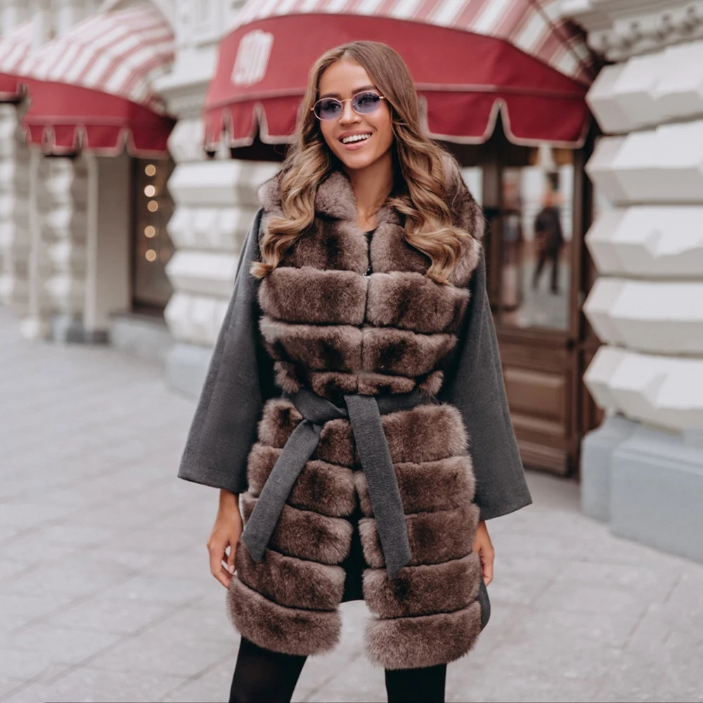 Enlarge 80cm Long Real Fur Coat Women Winter Fashion 2022 New Causal Women Genuine Wool Blend Fox Fur Coats Outwear Natural Fur Jacket