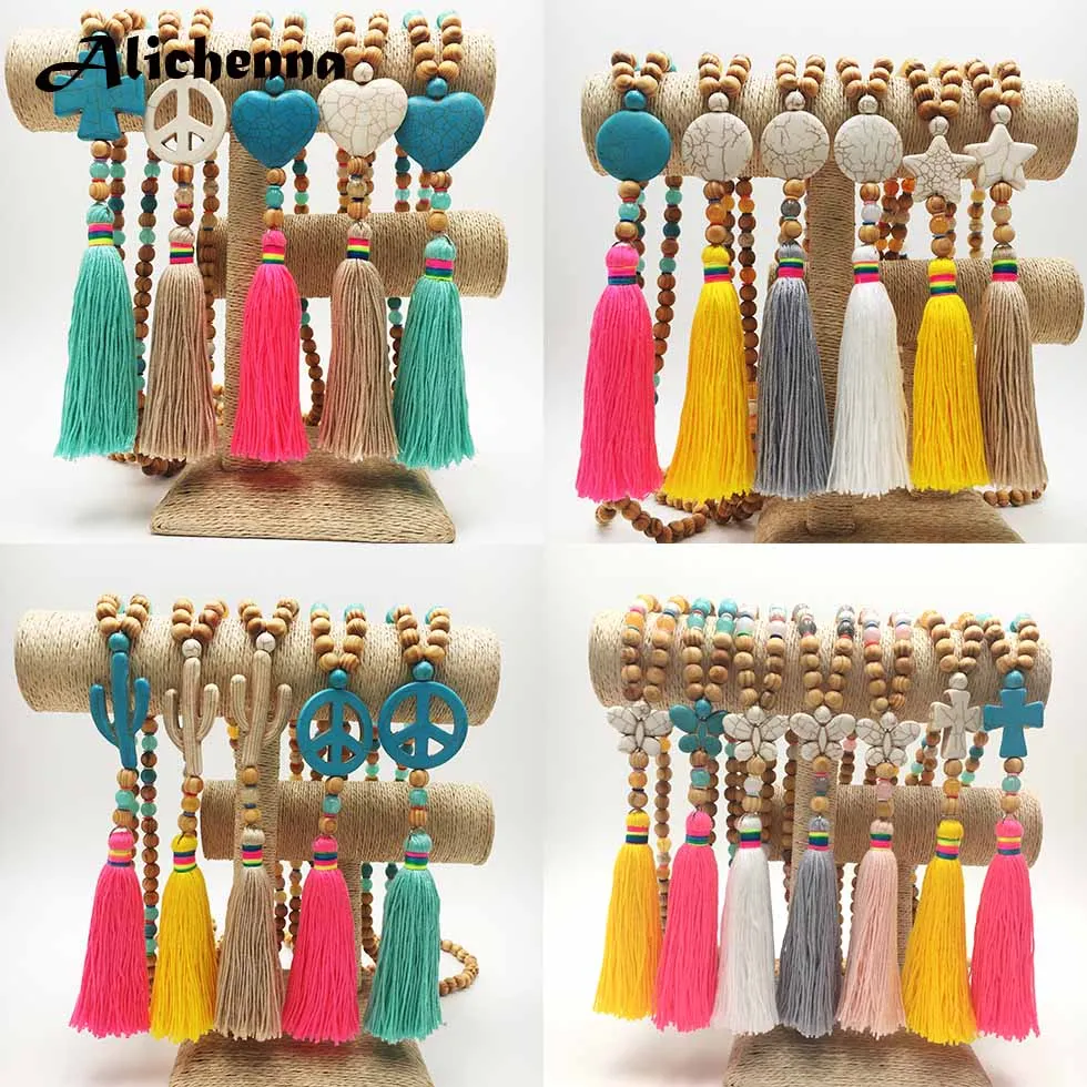 Новый длинный Красочный кулон с кисточкой ожерелье многоскоростные деревянные