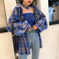plaid shirts women vintage beautiful blouse with lush sleeves button up checkered shirt cardigan korean 2021 oversized top
