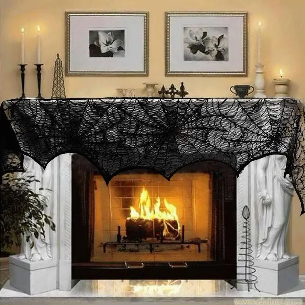 

AerWo Halloween Decoration Black Lace Spiderweb Fireplace Mantle Scarf Cover Festive Party Supplies 45 X 243cm 18 x 96 inch