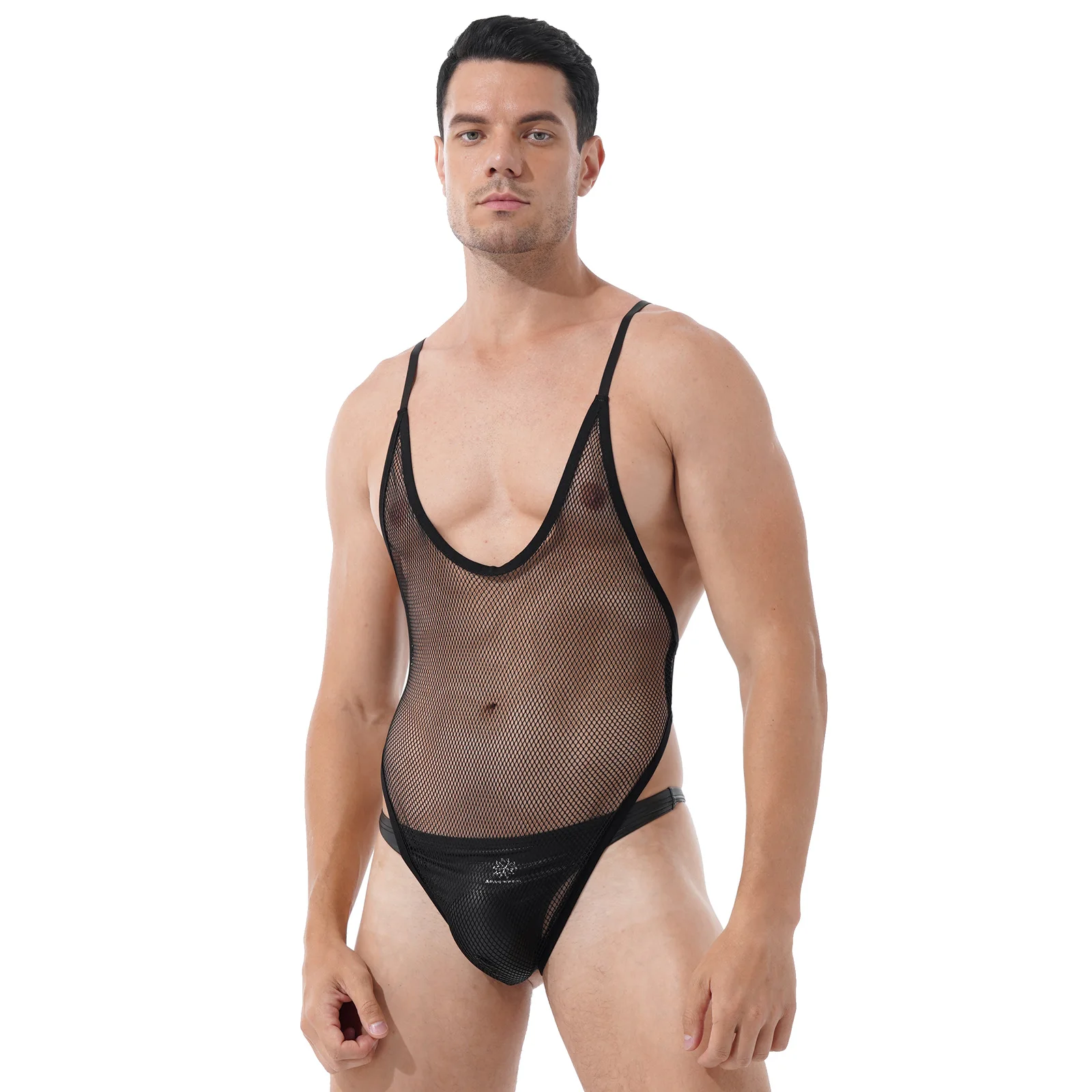 

Men See-through Fishnet Leotard Jumpsuit Hollow Out Backless Catsuit Bodysuit Sleeveless Spaghetti Strap Teddies Sissy Clubwear