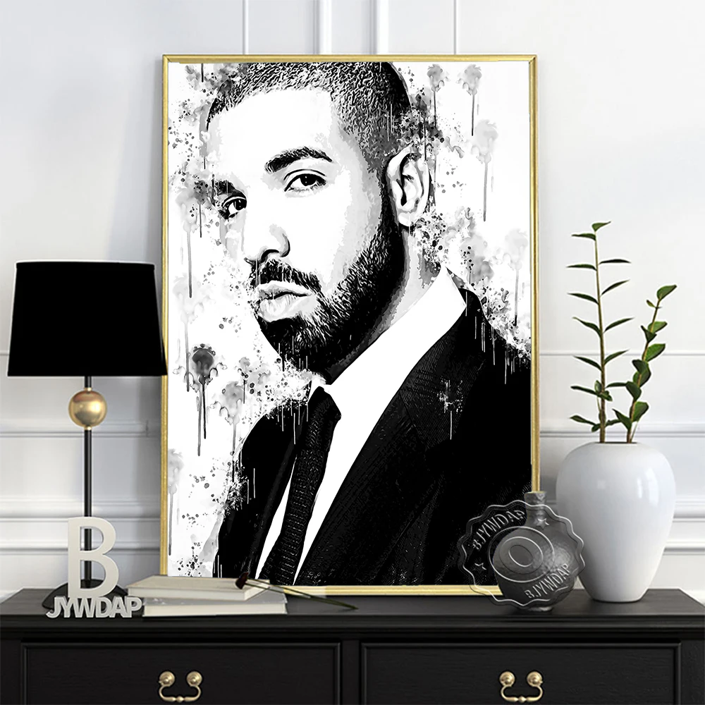 

Minimalism Watercolor Black White Print Poster, Drake Rapper Sketch Wall Picture, Canada Singer Portrait Painting Home Art Decor