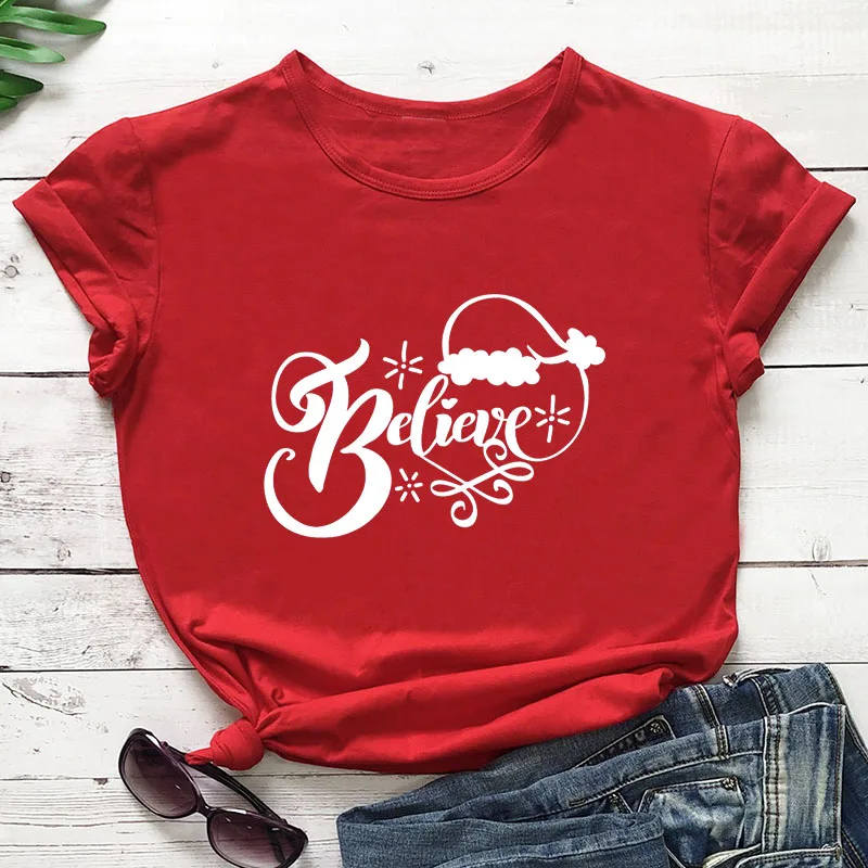 

Милые рождественские рубашки Believe, Новое поступление, Женская забавная футболка, повседневная женская футболка, рубашка для рождественской...