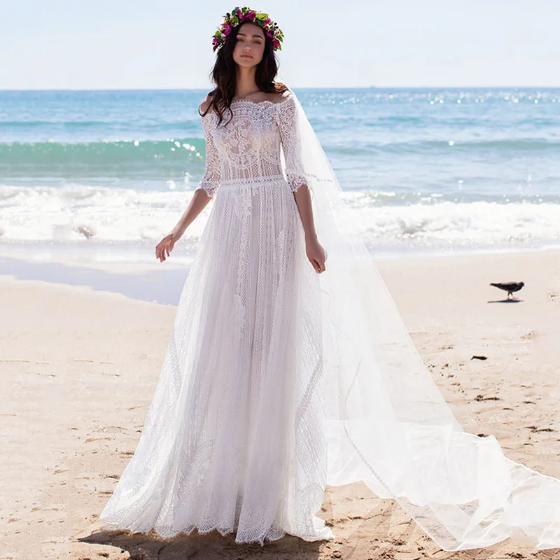 Белый Eightree/свадебное платье с коротким рукавом и вырезом лодочкой es Vestido de noiva винтажное кружевное богемное пляжное свадебное платье Robe de вечерние платья - Цвет: Белый
