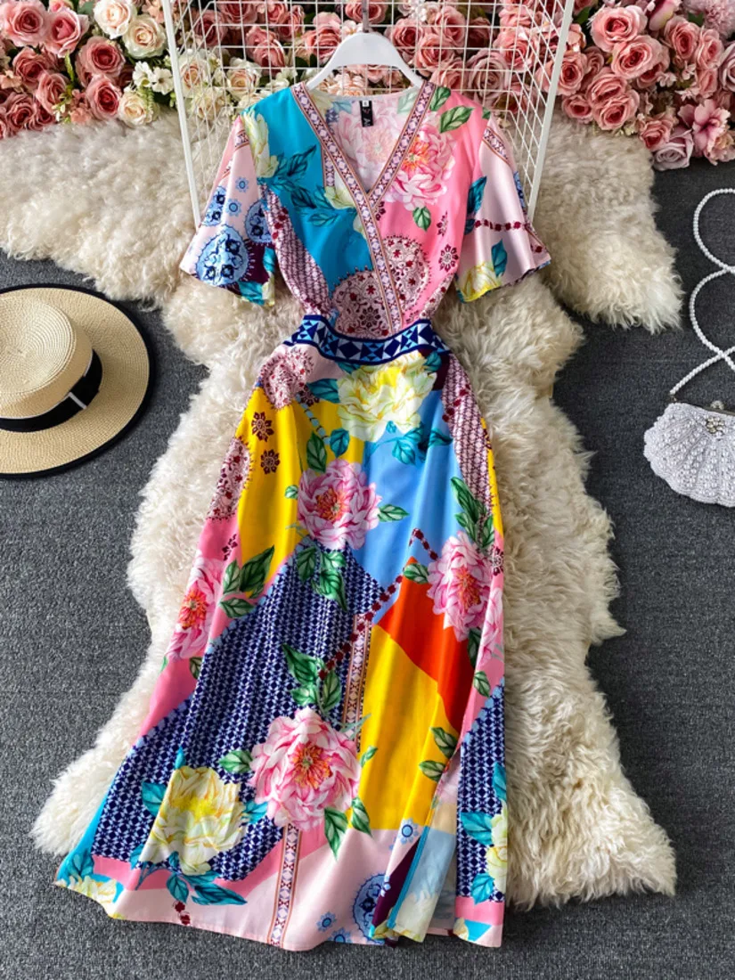 

2021 Summer Fashion High Waist V-neck Short Sleeve Slim Dress Elegant Temperament Print Split Long Printed Beach Holiday