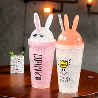 kawaii bunny ear drinking straw bottle creative cute rabbit ice cup kpop fashion double straw plastic cartoon mug for girl