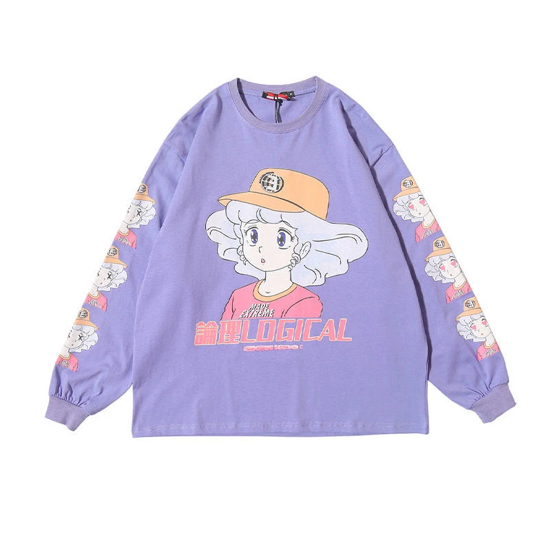 

Тонкая фиолетовая мультяшная тонкая толстовка в стиле Харадзюку, Женская Осенняя Толстовка в стиле хип-хоп с амином, пуловер с длинным рука...