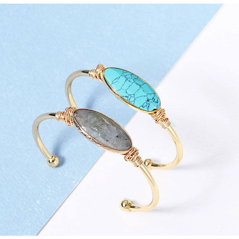 

Natural Stone Copper Open Cuff Bangle For Women Rectangle Multi Color Option Lovely Gift Jewley Wholesale