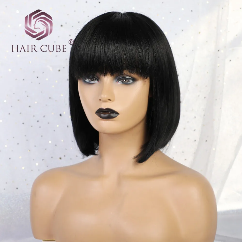 Haircube синтетические 8 дюймов парик 50% человеческие волосы натуральный черный Парики с аккуратные челки короткие прямые синтетические волосы парики из натуральных волос для Для женщин