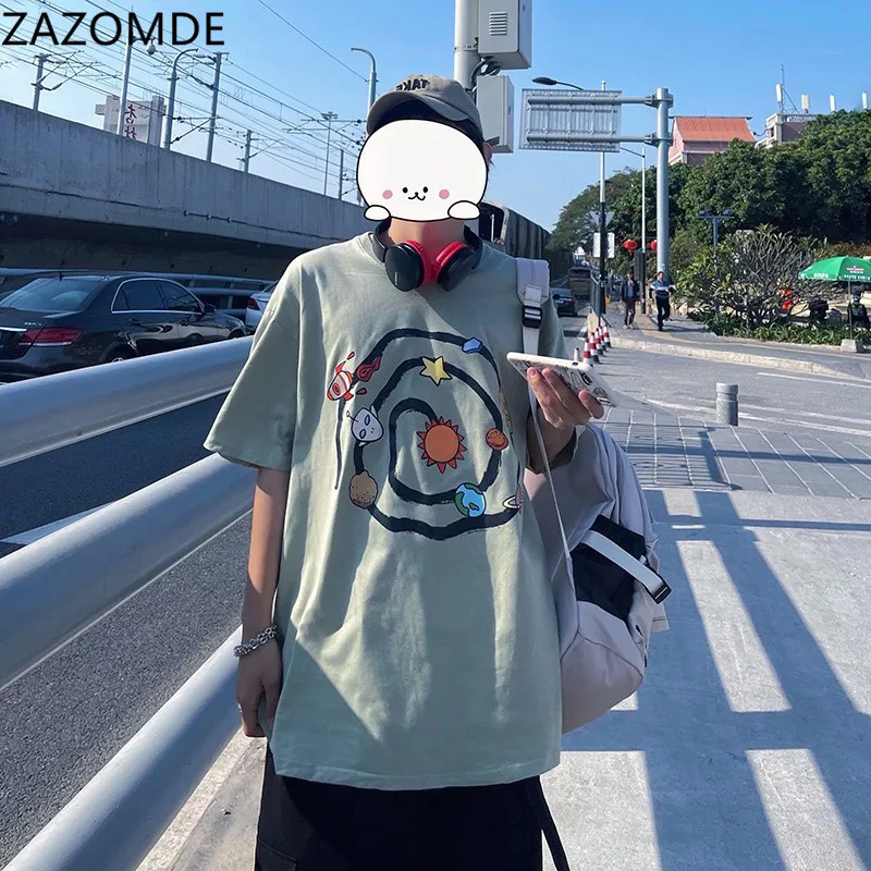 

ZAZOMDE Men T-shirt 2021 New Arrival Summer Hip-hop Male T-shirts Thin Loose Cartoon Cotton Teenage Boy Handsome Korean Style