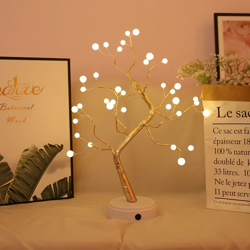 LED USB Table Lamp Copper Wire Christmas Fire Tree Night Light Pearl Tree Light Starry Bedroom Night Light Children