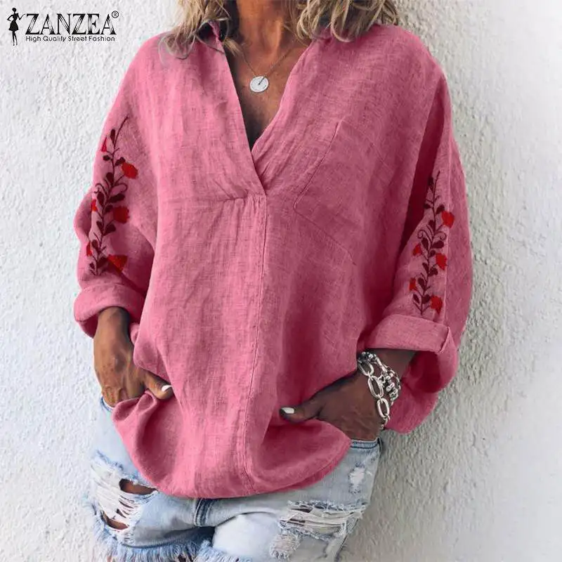 Женская блузка с цветочной вышивкой и длинным рукавом, ZANZEA, осенняя хлопковая льняная рубашка с v-образным вырезом, Femme Robe, рабочая блуза, Chemise Mujer, топы