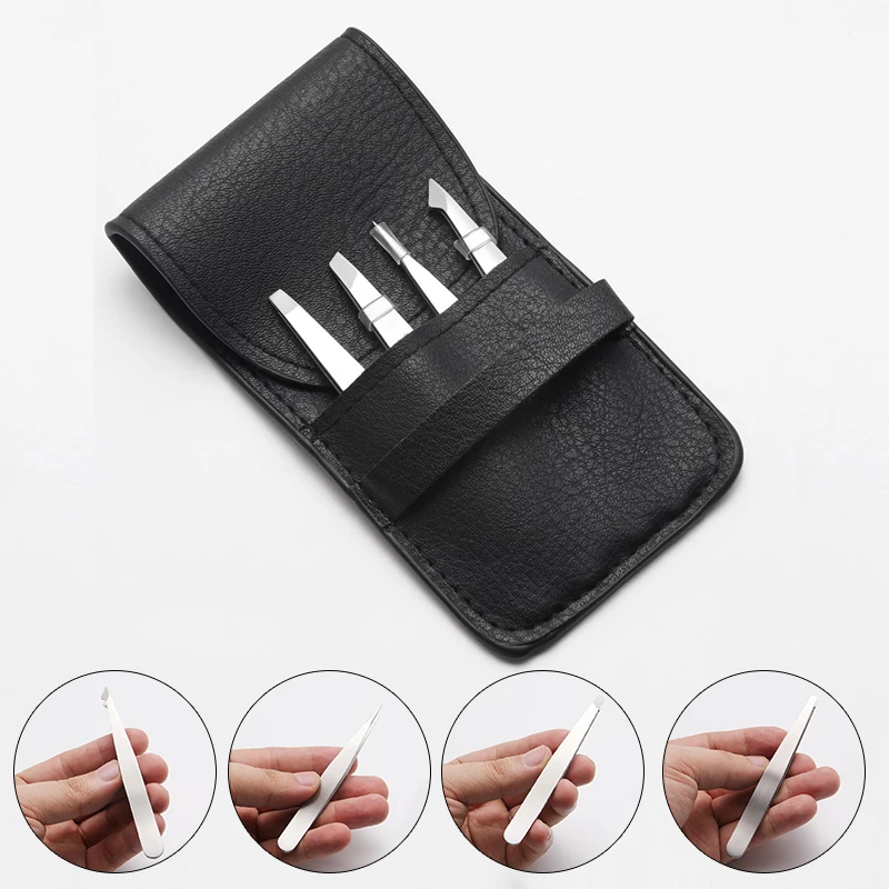 

Set Of 4 Professional Stainless Steel Tweezers With Leather Pouch For Ingrown Hair Eyebrows Plucking Daily Beauty Tool