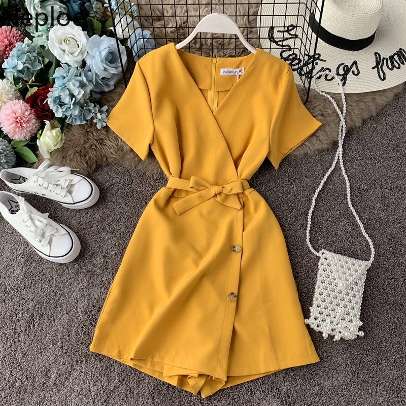 Женские комбинезоны с коротким рукавом Neploe однотонные однобортные v образным