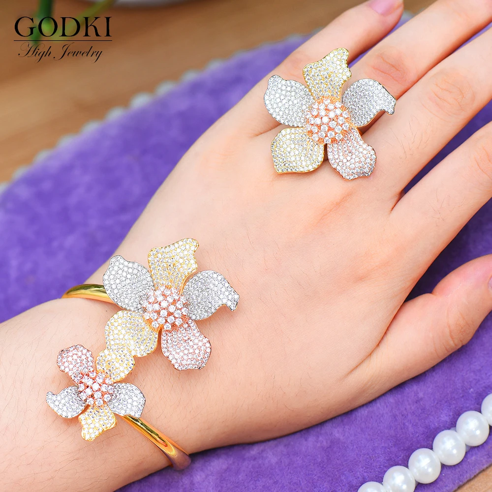 

GODKI Luxury Flowers Bangle Ring Sets Fashion Dubai Bridal Jewelry Sets For Women Wedding brincos para as mulheres 2020