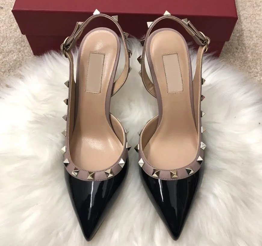 6 Women Dress Shoes rock Patent High Heels stud Pumps Rivets Real Leather Pointed Toe Wedding Shoes Gift Party Shoes - Цвет: 6