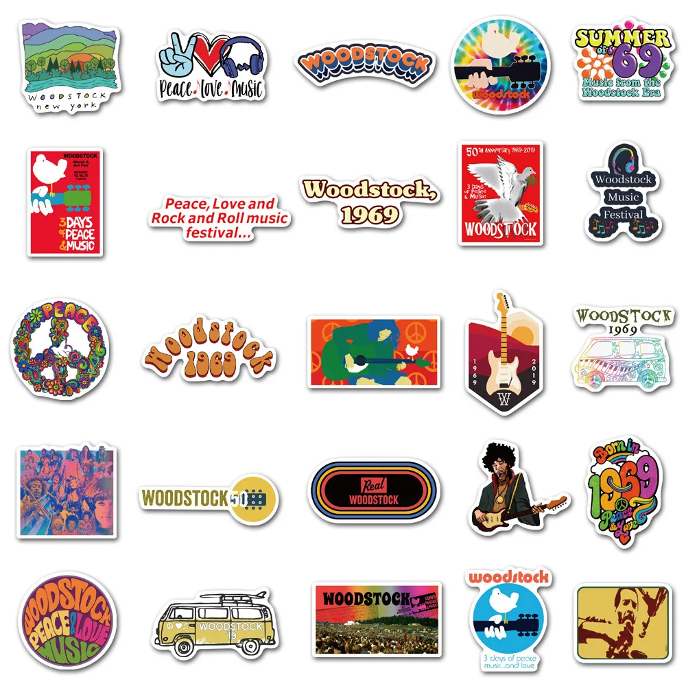 VANMAXX 50 PCS  Woodstock Rock Festival Stickers Waterproof Vinyl Decal for Laptop Helmet Bicycle Luggage Guitar Car Stickers images - 6