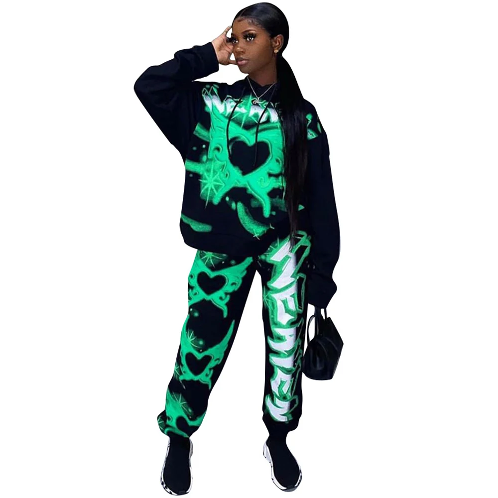

Womens Tracksuit Hooded Pattern Print Streetwear Drawstring Long Sleeve Hoodie and Sporty Sweatpant Casual 2 Pcs Sets