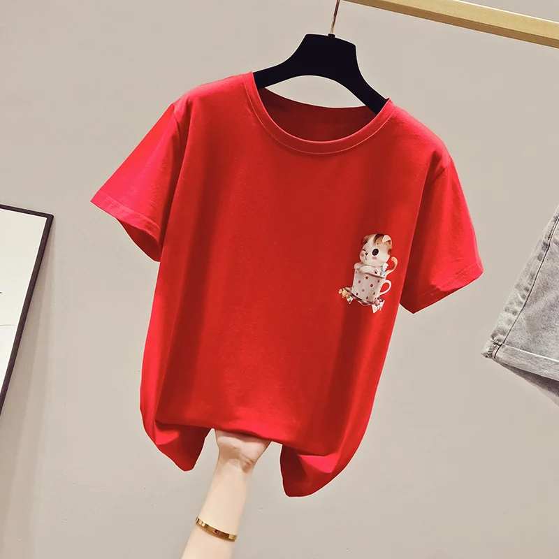 

2020 Summer Embroidery Cartoon T Shirt Women Slim Korean Style O Neck Tshirt Cotton Short Sleeve Tee T-shirt Camiseta Mujer