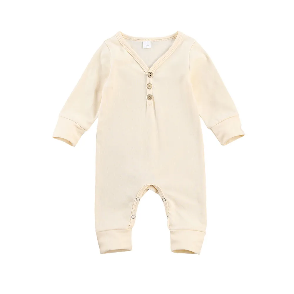 

0-12M Newborn Baby Autumn Spring Clothes Rompers Long Sleeve Solid Color V Neck Button Cotton Soft Jumpsuits