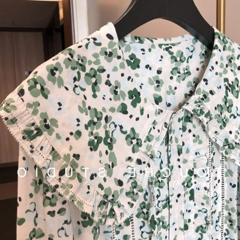 

Long Sleeve Women Blouses 2021 Spring Fall Peter Pan Collar Blouse Shirt Casual Tops Elegant French Gentle Female Floral Shirts