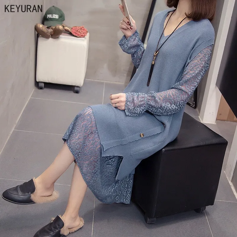 Женское кружевное лоскутное трикотажное платье-свитер для детей 2021 Новинка на