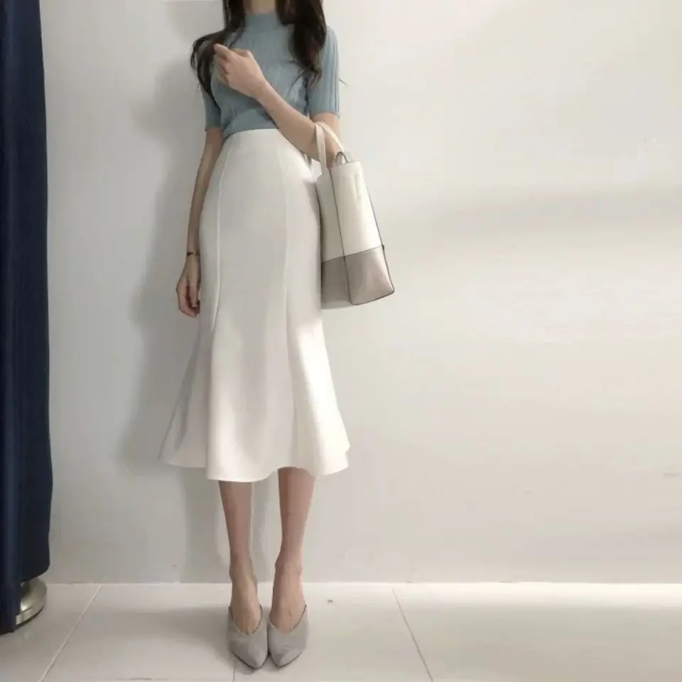 

2021 Spring Summer Women Fashion Office Lady Ruffles Skirt Solid Color High Waist Fishtail Flouncing Knee Length Skirts