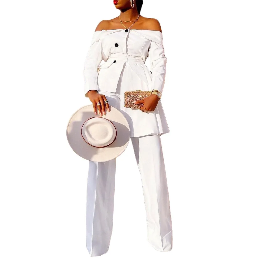 

Sets Womens Outfits Summer 2021 Blouse & Pants Asymmetrical Single Breasted Off the Shoulder Outfits 2 Pieces Matching Sets New