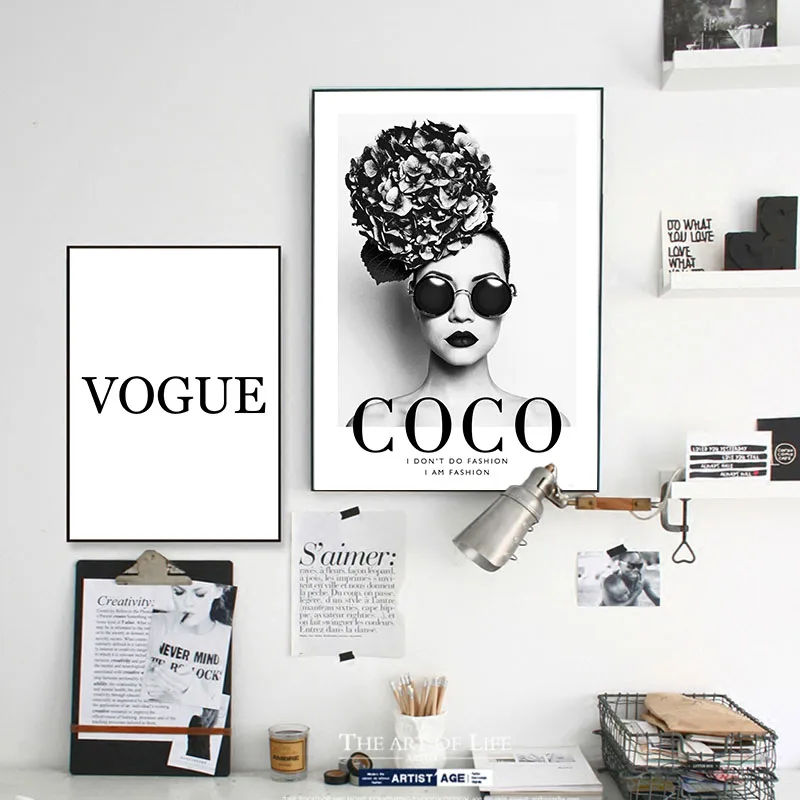 

Fashion Flower Woman Poster and Print Coco Quotes Wall Art Canvas Painting Black White Vogue Pictures for Living Room Home Decor