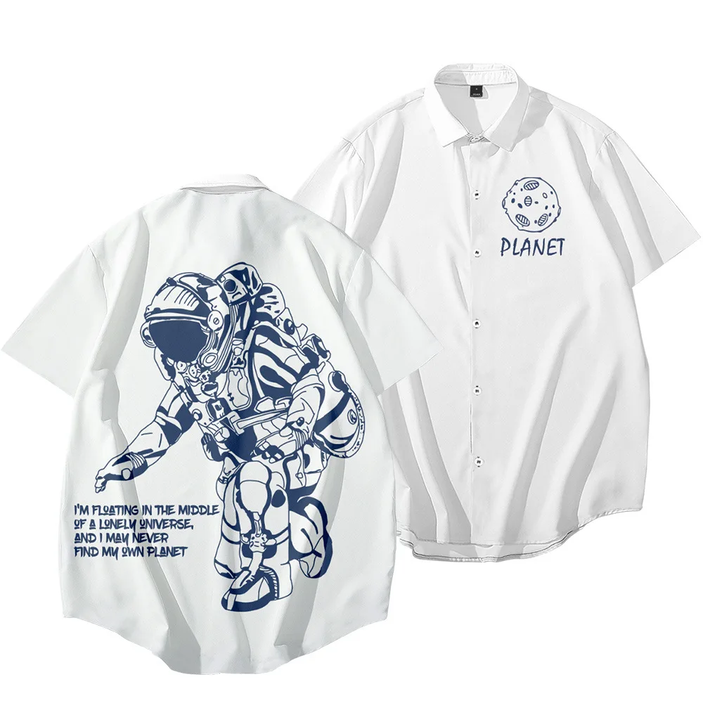 

Harajuku White Astronaut Printed Hawaii Shirt Men Summer Short Sleeve Streetwear Button Lapel Clothing